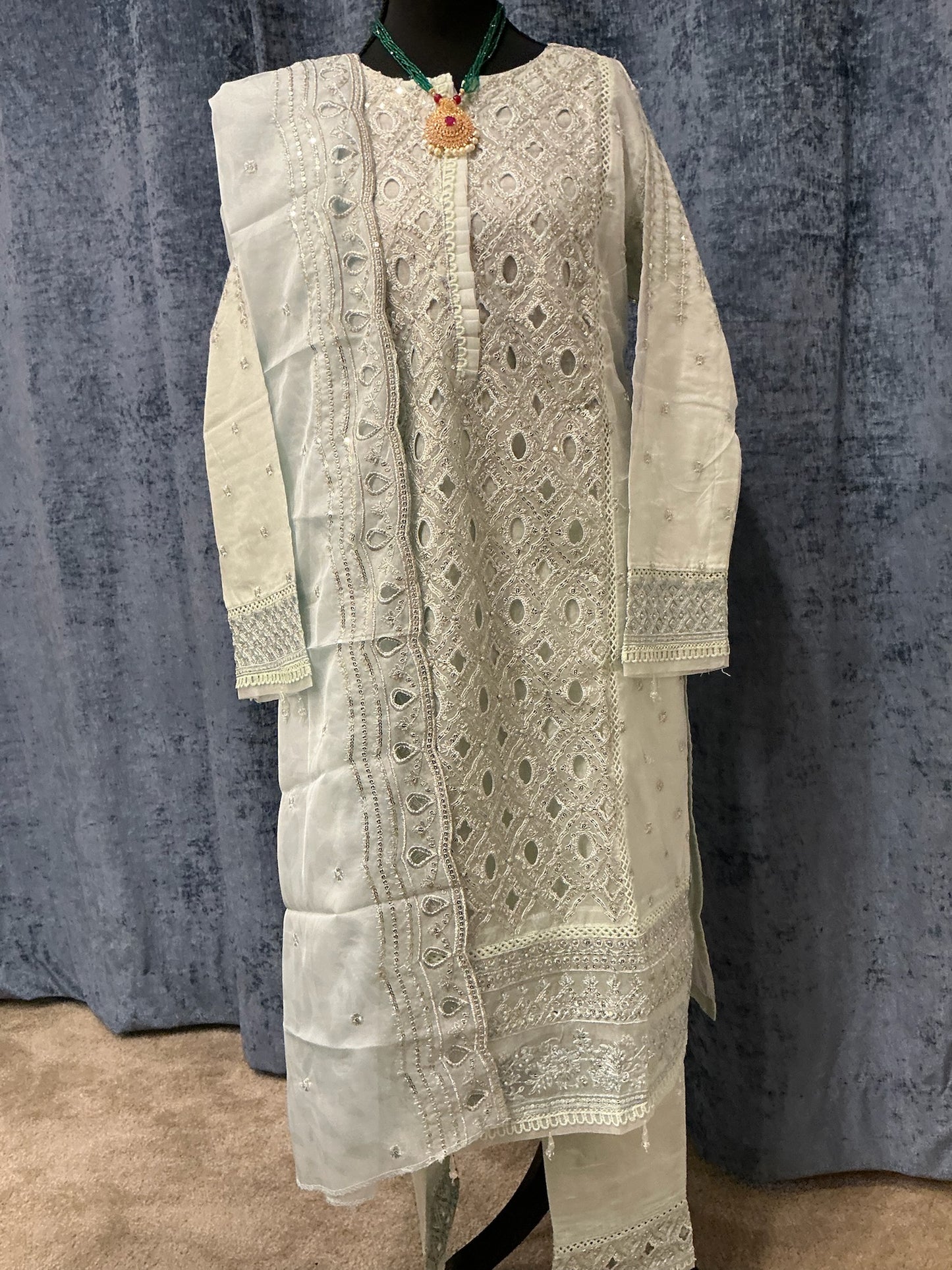 Ice Blue Elegance Embroidered 3-Piece Suit Set