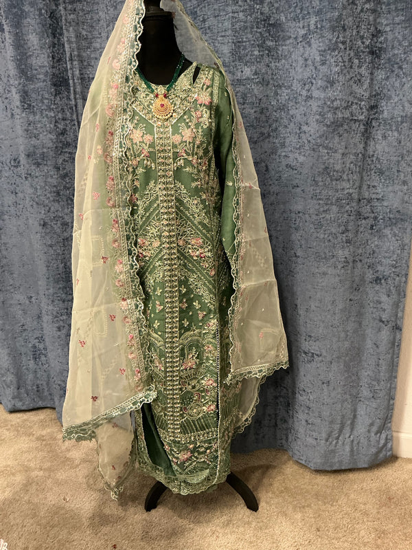 Emerald Green Embroidered 3-Piece Suit Set
