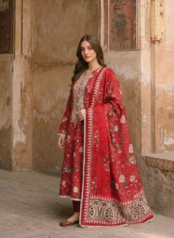 Red Textured Lawn Kurta Dupatta Set