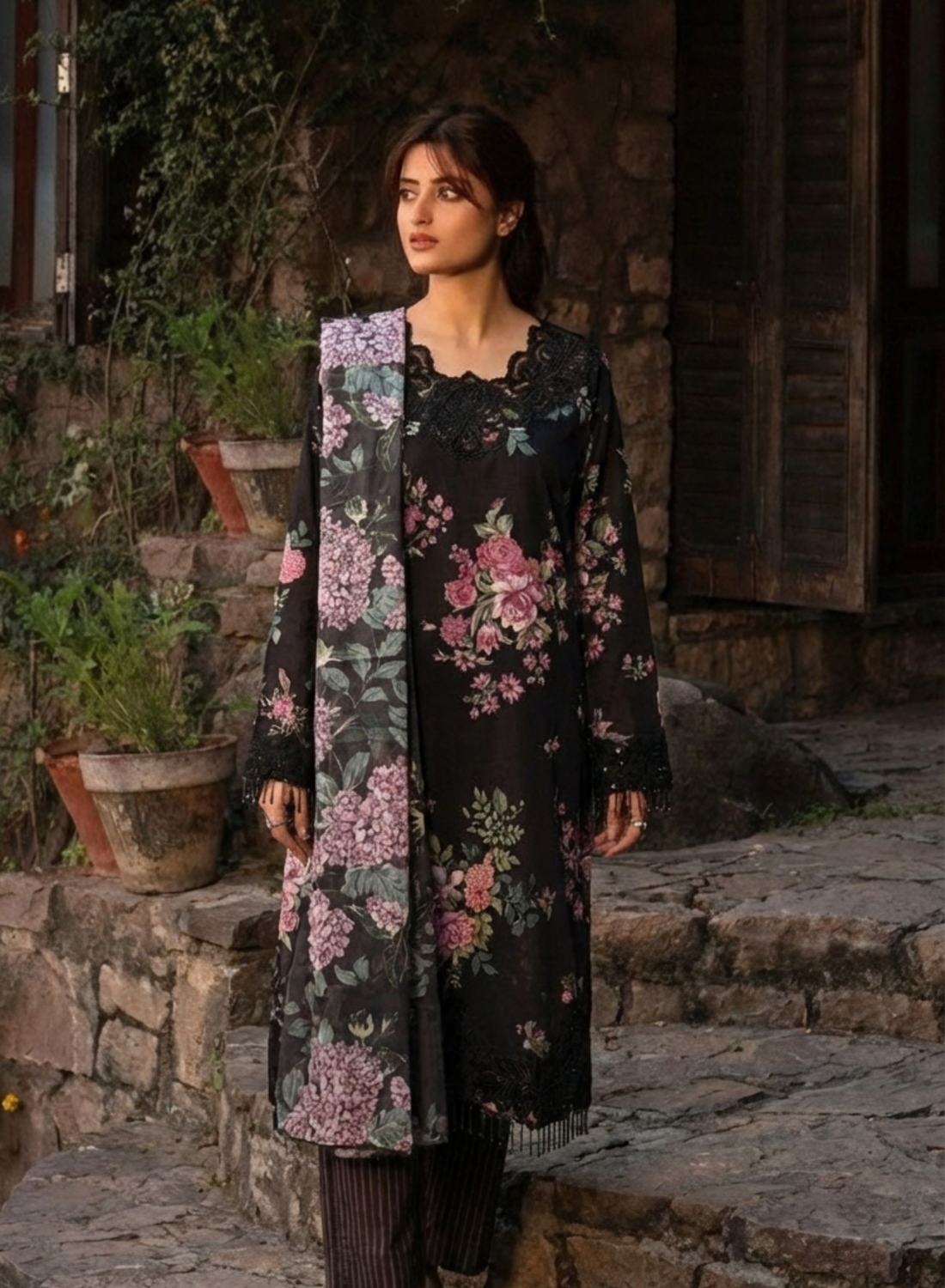 Black Embroidered Lawn Cotton 3-Piece Daily Wear Set