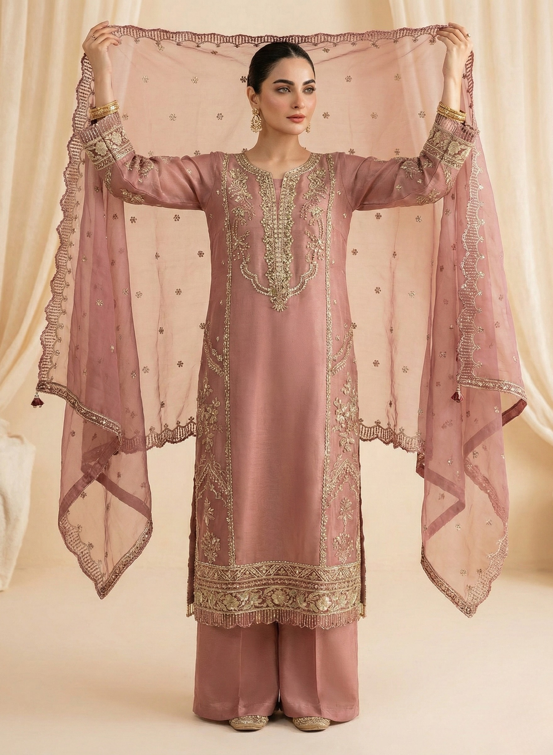 Dusty Rose Embellished 3-Piece Suit Set