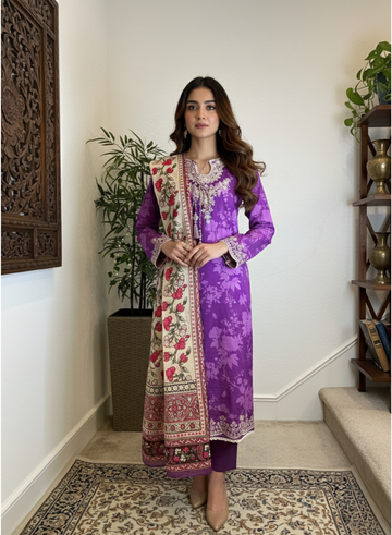 Purple Embroidered Lawn 3-Piece Festive Suit Set