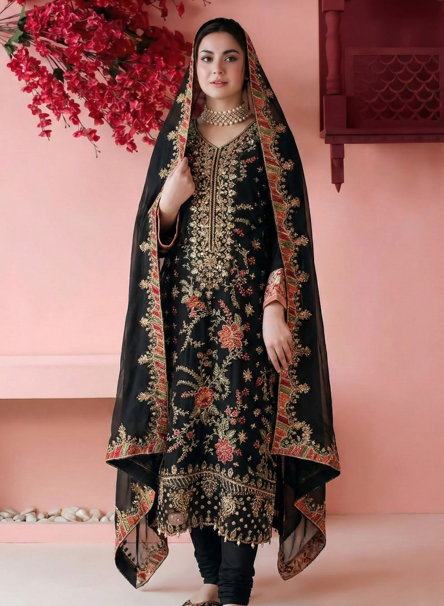 Black Heavy Embroidered 3 Piece Suit Set