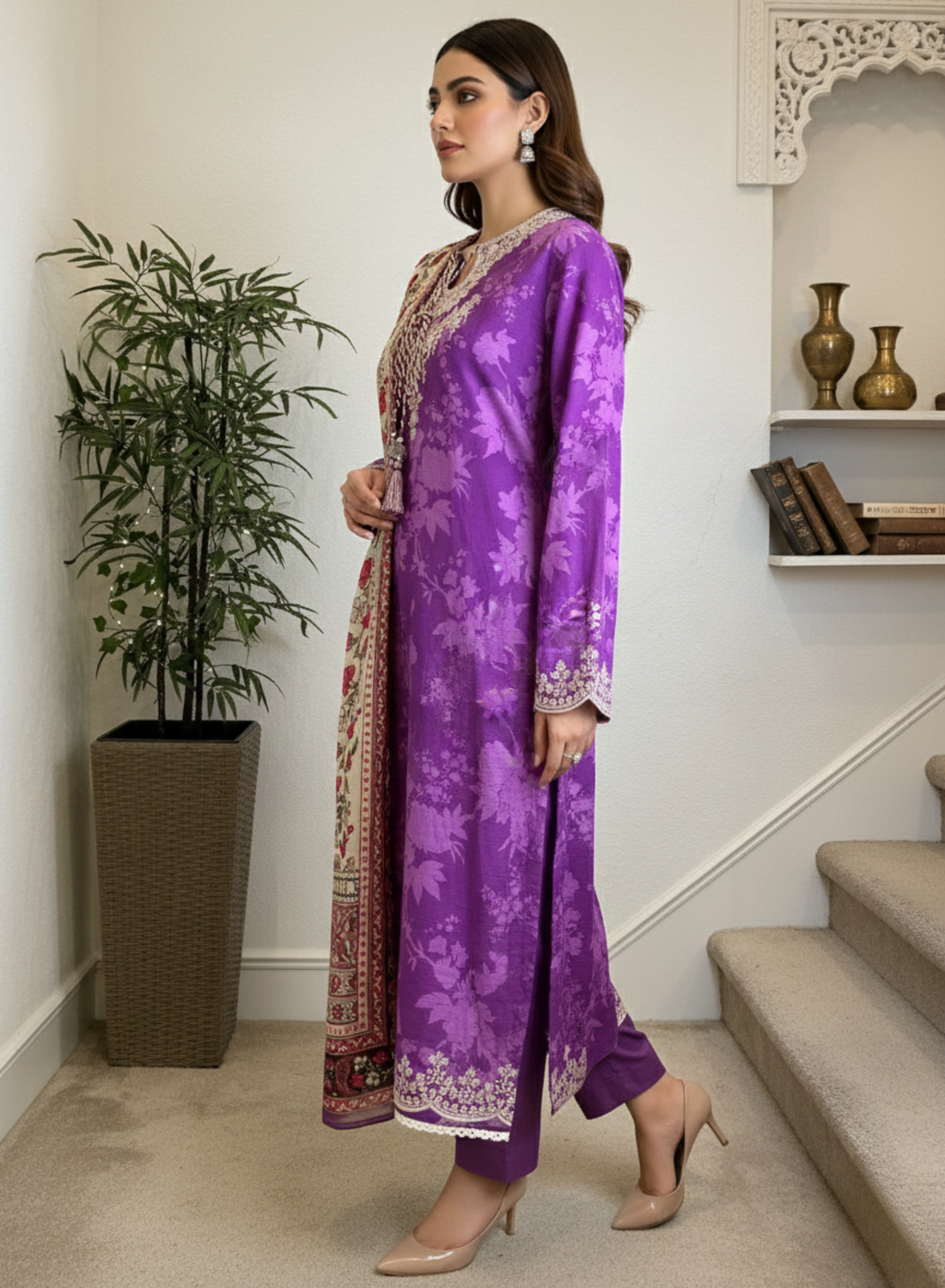 Purple Embroidered Lawn 3-Piece Festive Suit Set