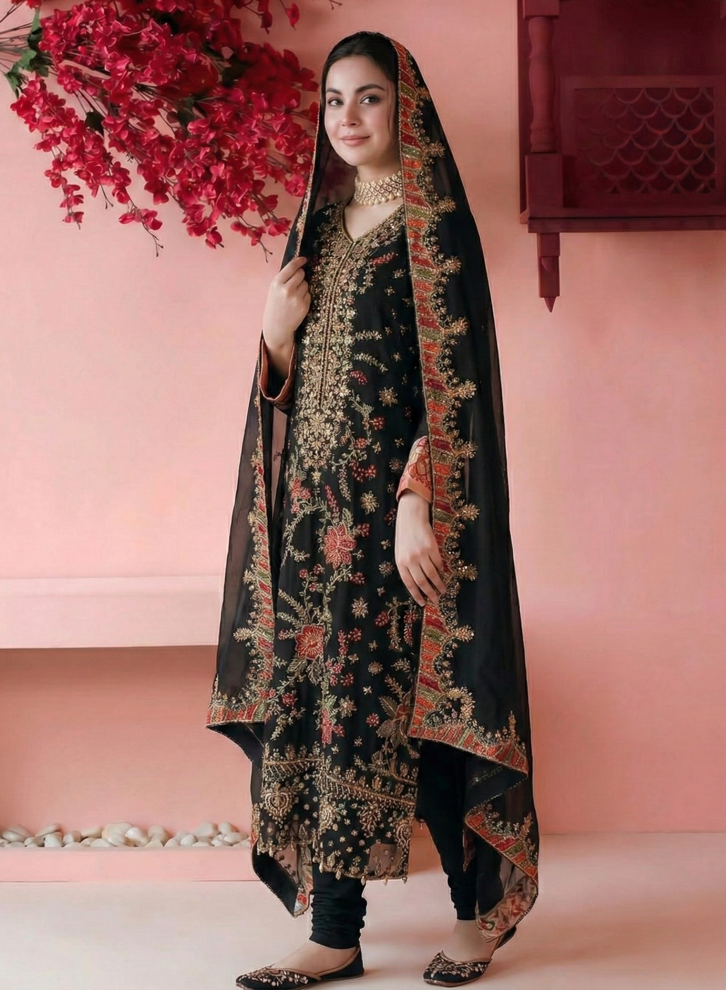 Black Heavy Embroidered 3 Piece Suit Set