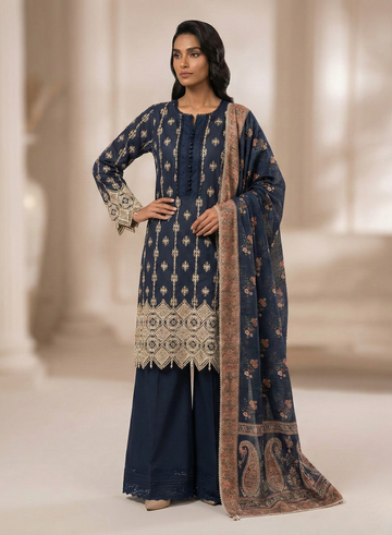 Navy Blue Embroidered 3 Piece Formal Suit with Printed Dupatta