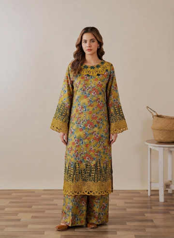 Yellow Green Embroidered Cambric 2-Piece Ready-to-Wear Set