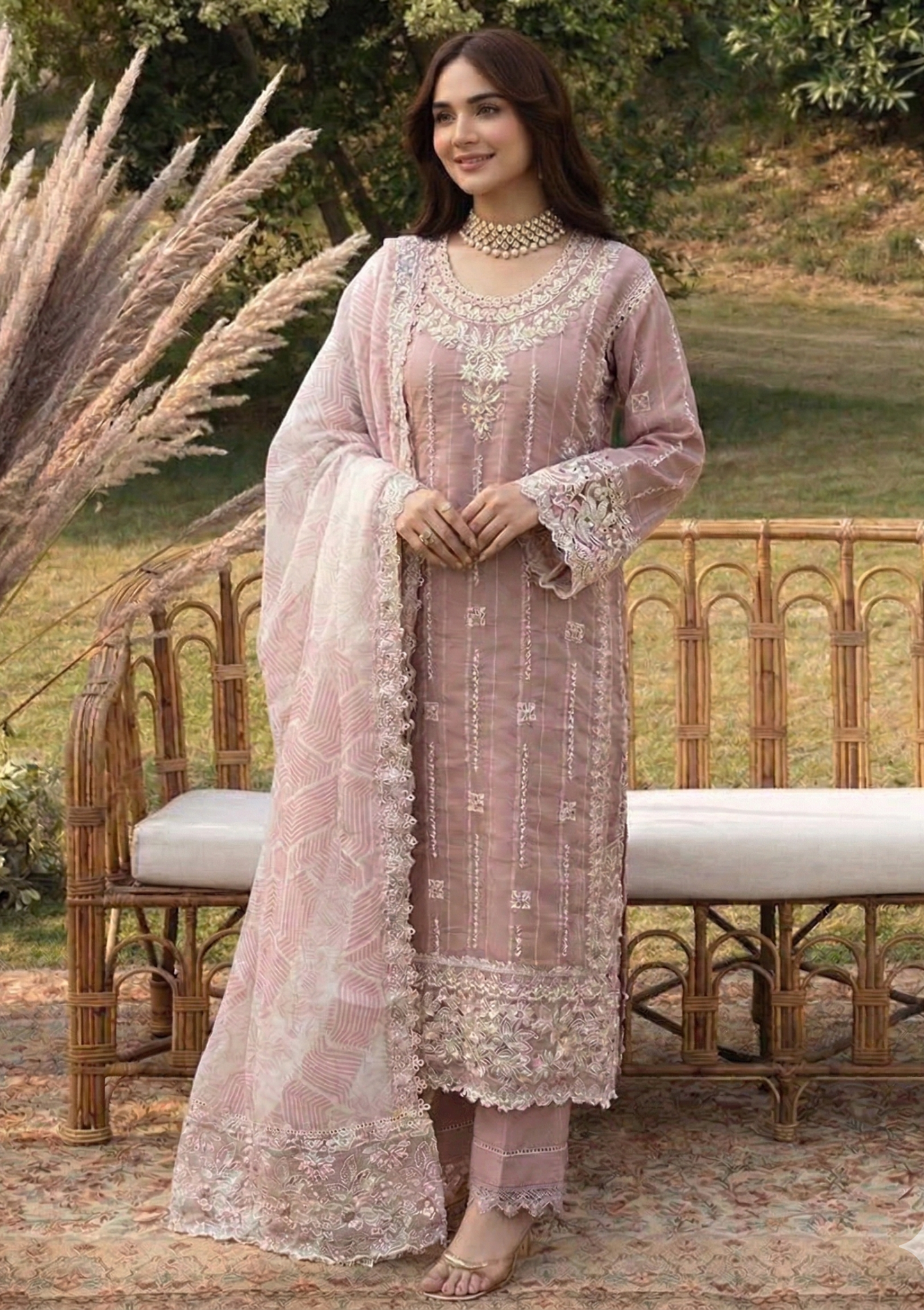 Blush Rose Embroidered 3-Piece Suit Set