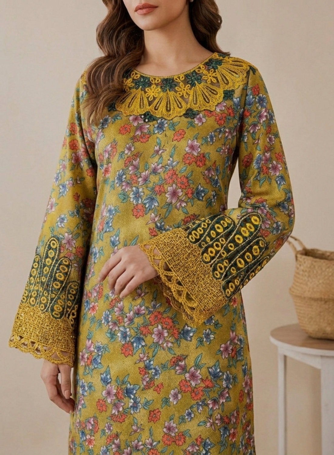 Yellow Green Embroidered Cambric 2-Piece Ready-to-Wear Set