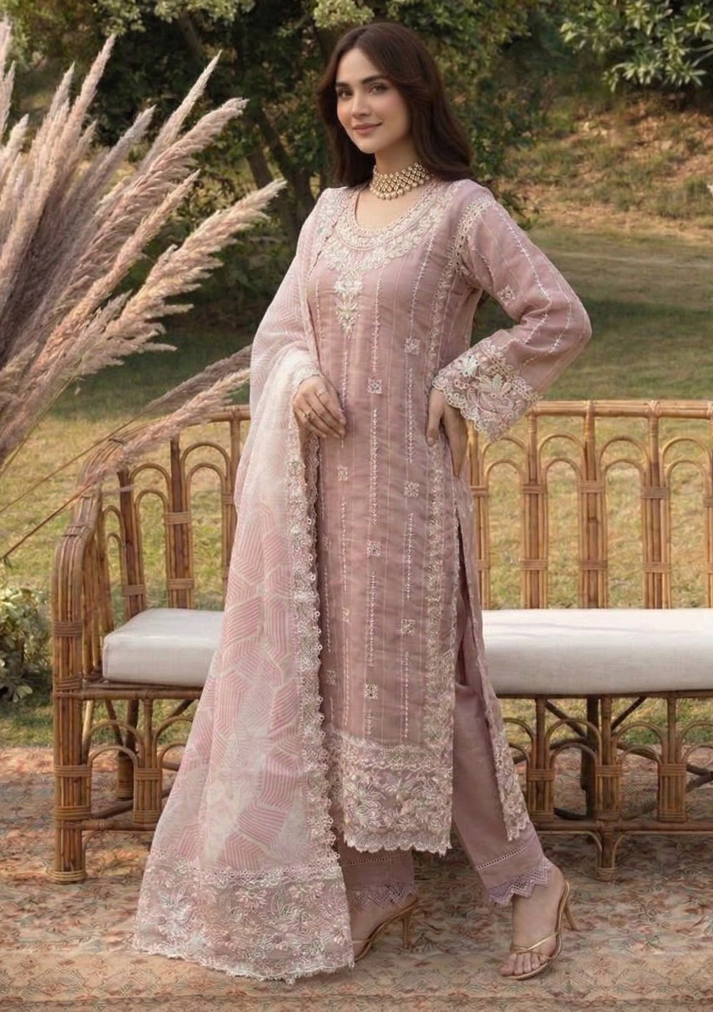 Blush Rose Embroidered 3-Piece Suit Set