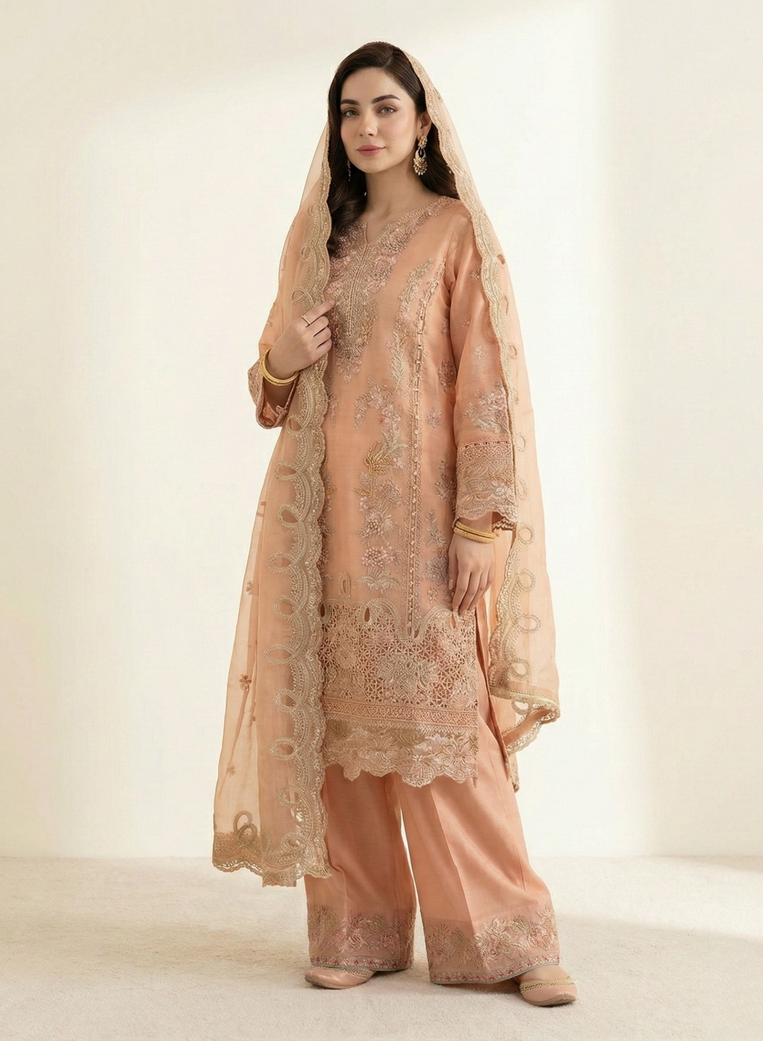 Peach Gold Luxury Embellished 3-Piece Suit Set