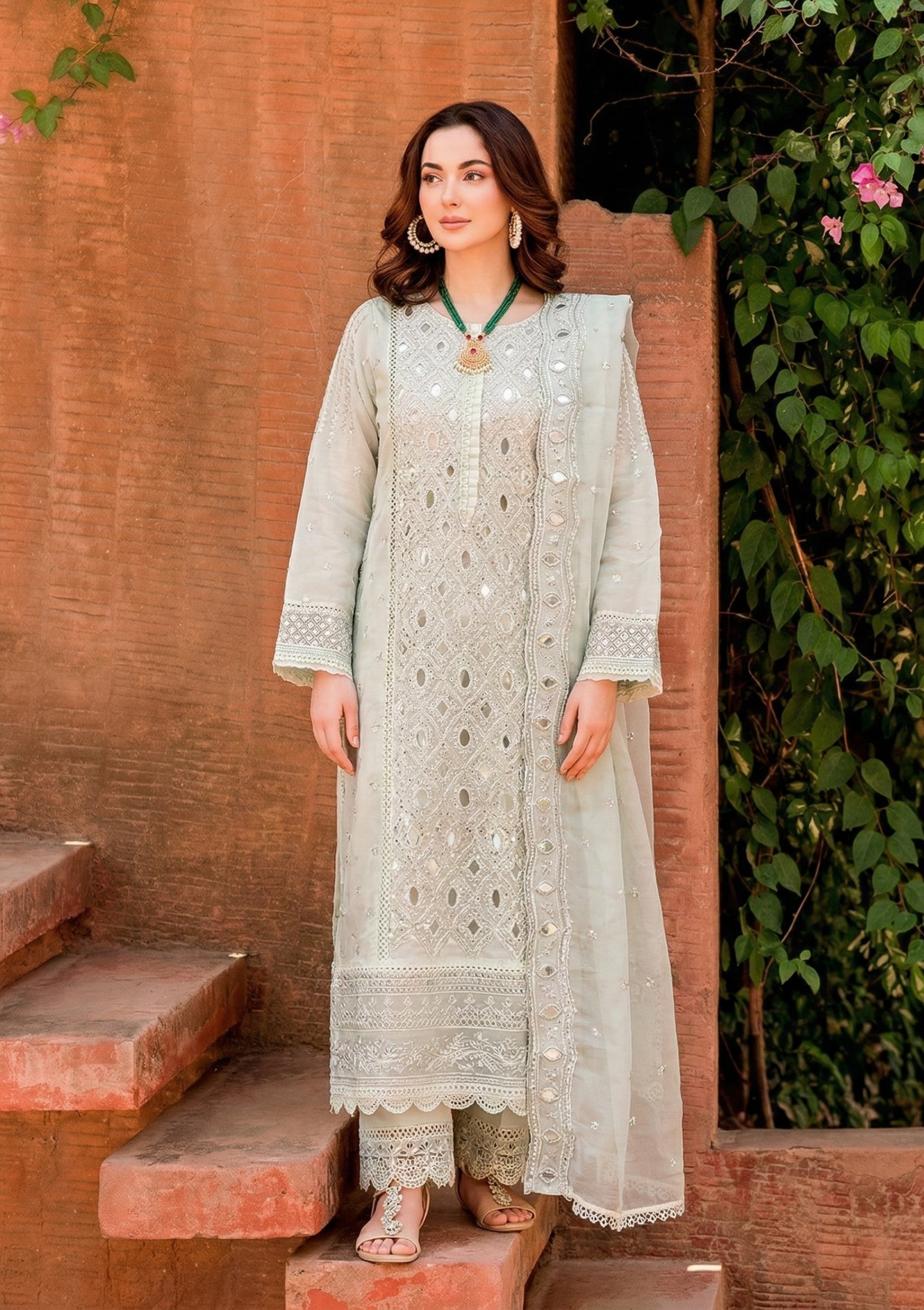 Ice Blue Elegance Embroidered 3-Piece Suit Set