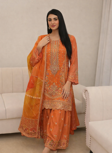 Burnt Orange Embroidered Festive 3-Piece Suit Set