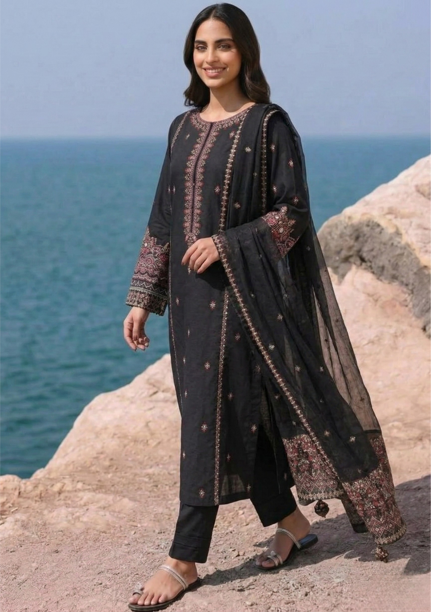 Black Multicolor Embroidered 3-Piece Suit Set