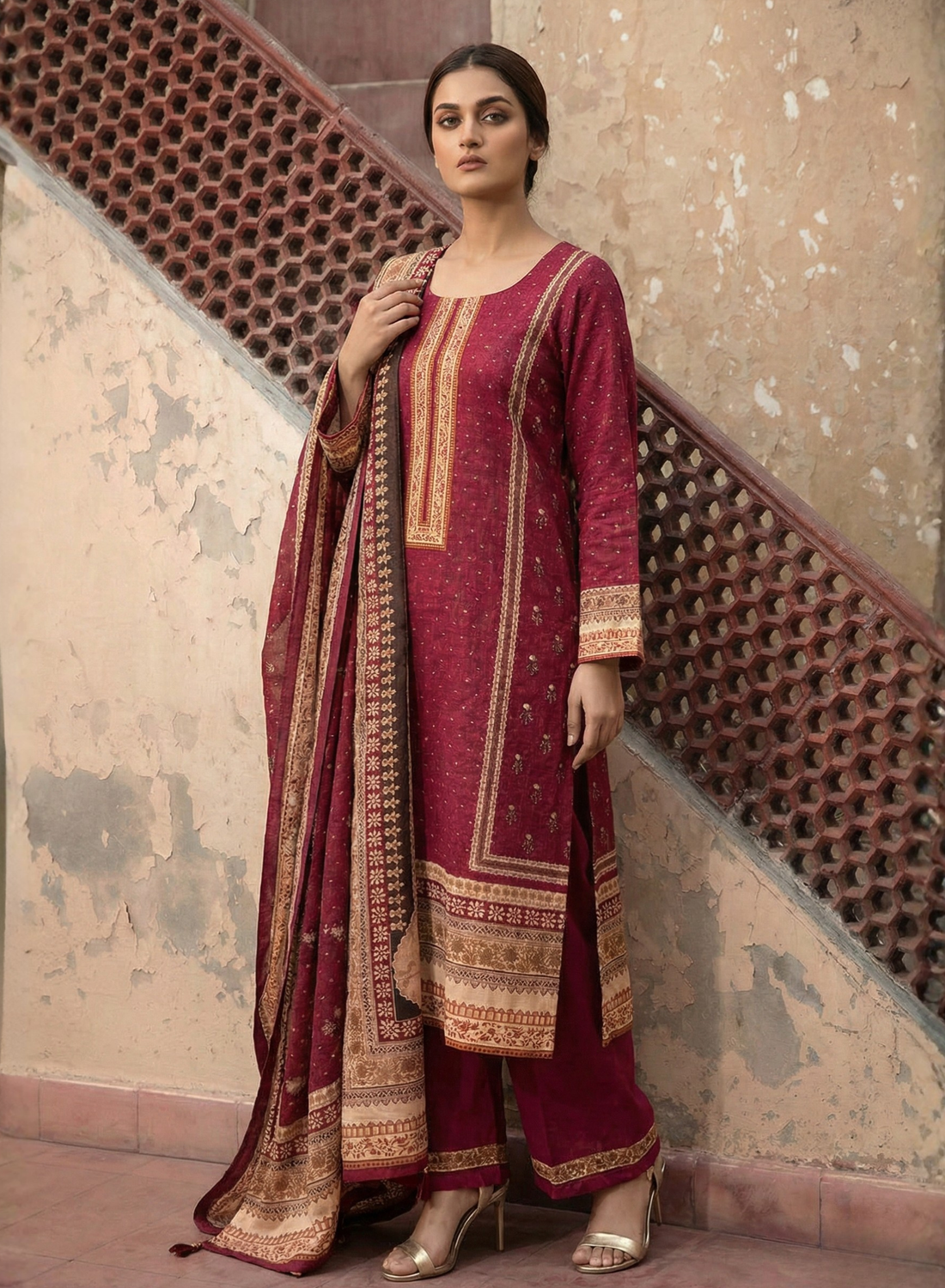Maroon Printed 2 Piece Suit Set