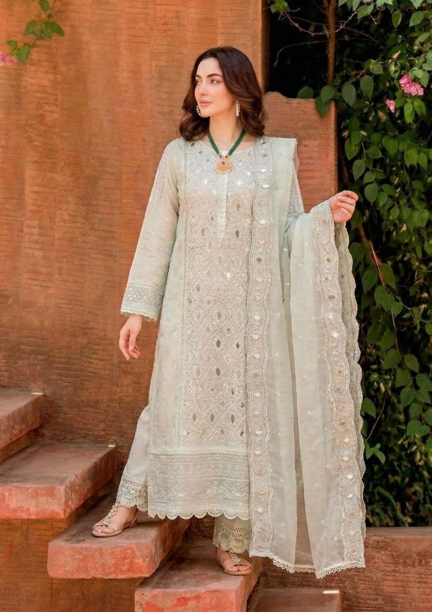 Ice Blue Elegance Embroidered 3-Piece Suit Set
