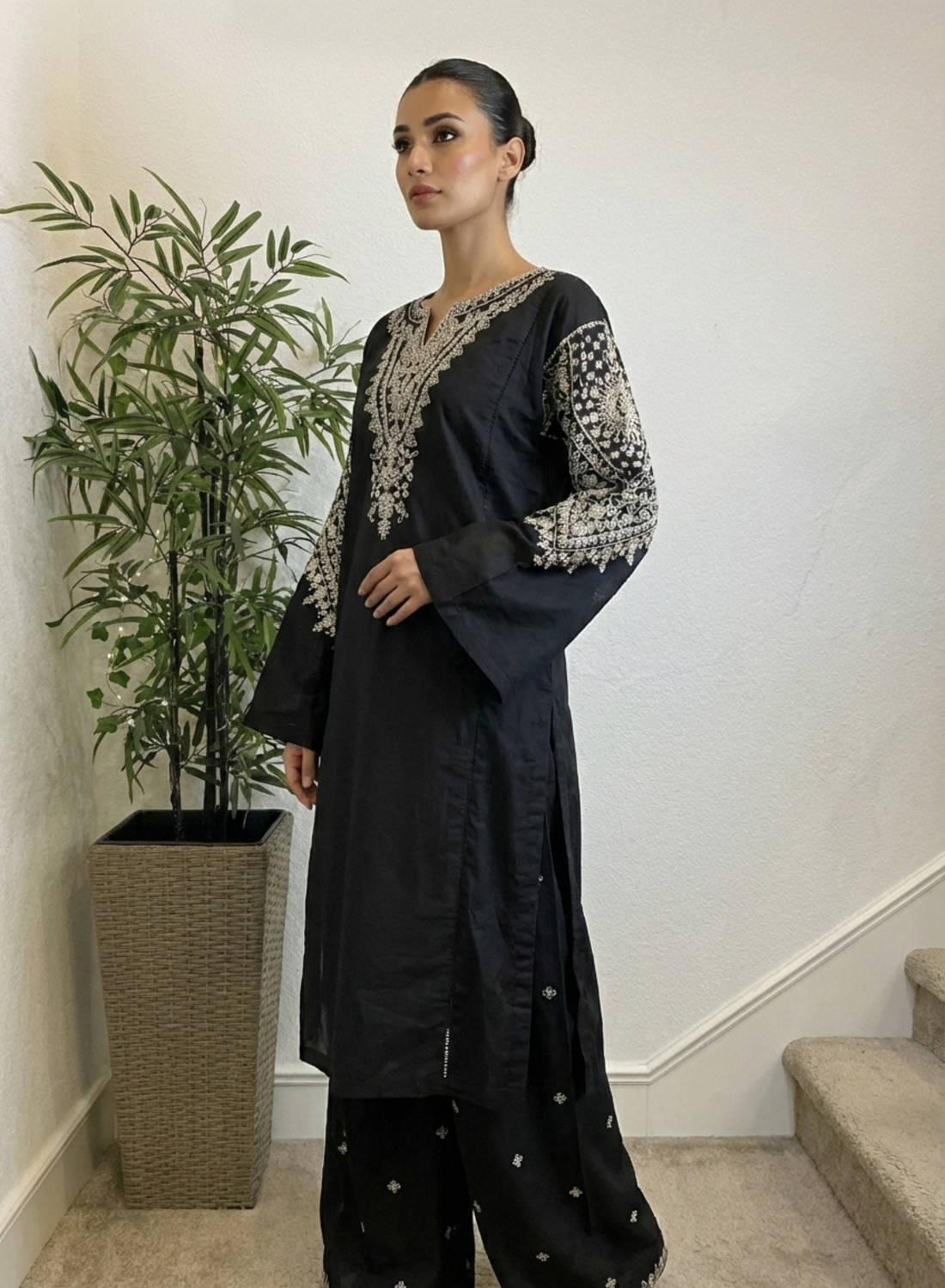 Black Embroidered 2-Piece Daily Wear Set