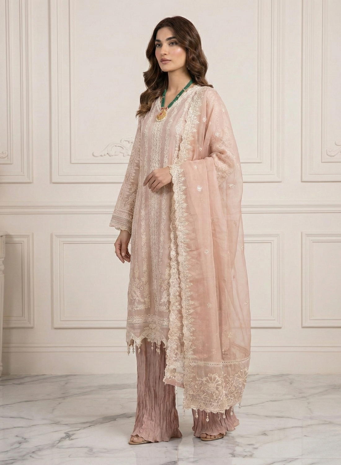 Blush Beige Embroidered 3-Piece Suit Set