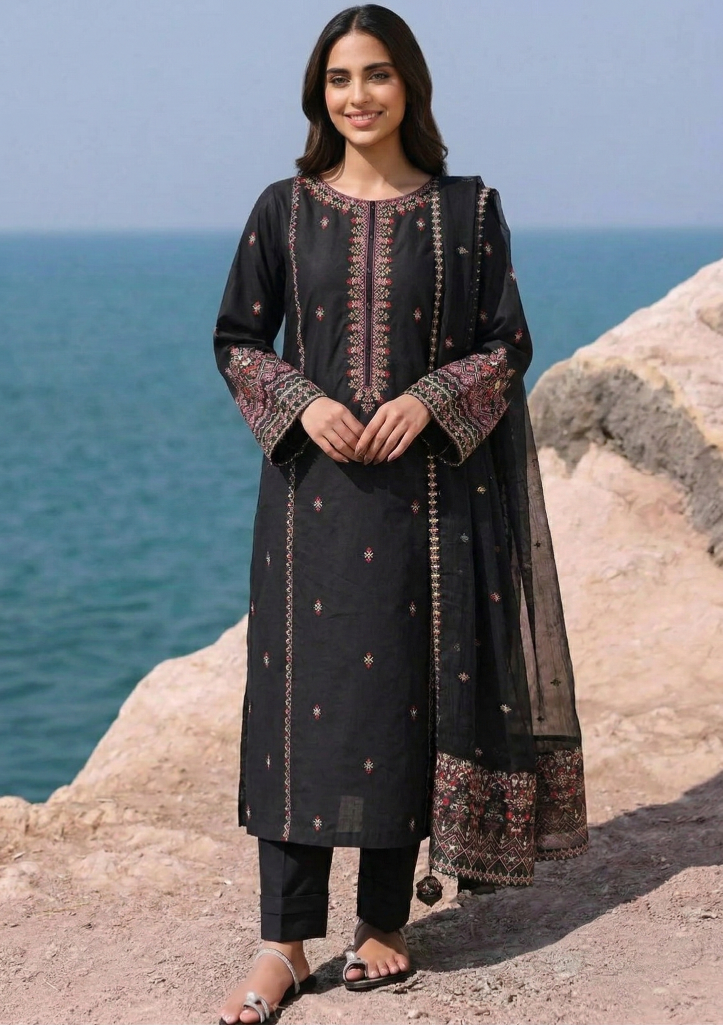 Black Multicolor Embroidered 3-Piece Suit Set