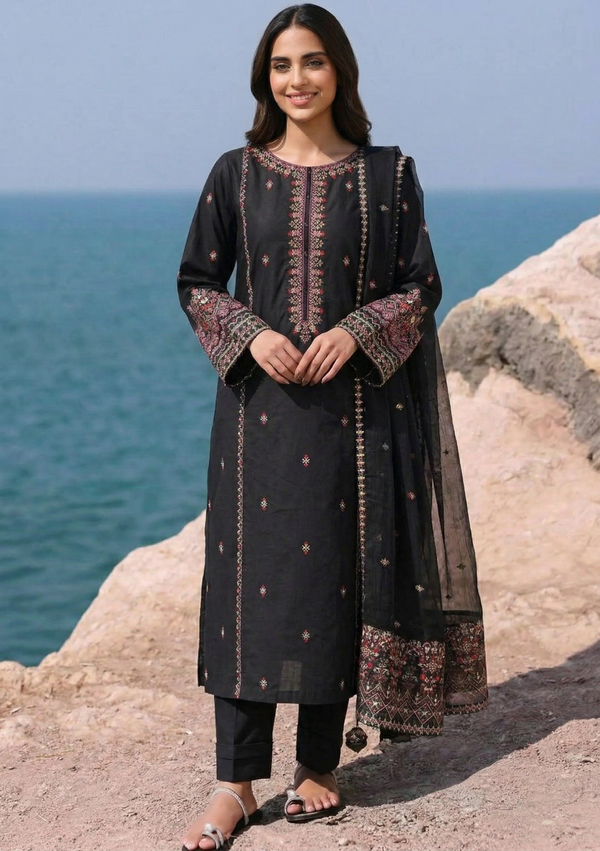 Black Multicolor Embroidered 3-Piece Suit Set