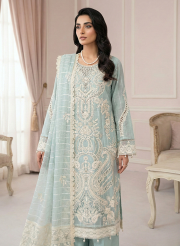 Ice Blue Heavy Embroidered 3 Piece Suit with Dupatta