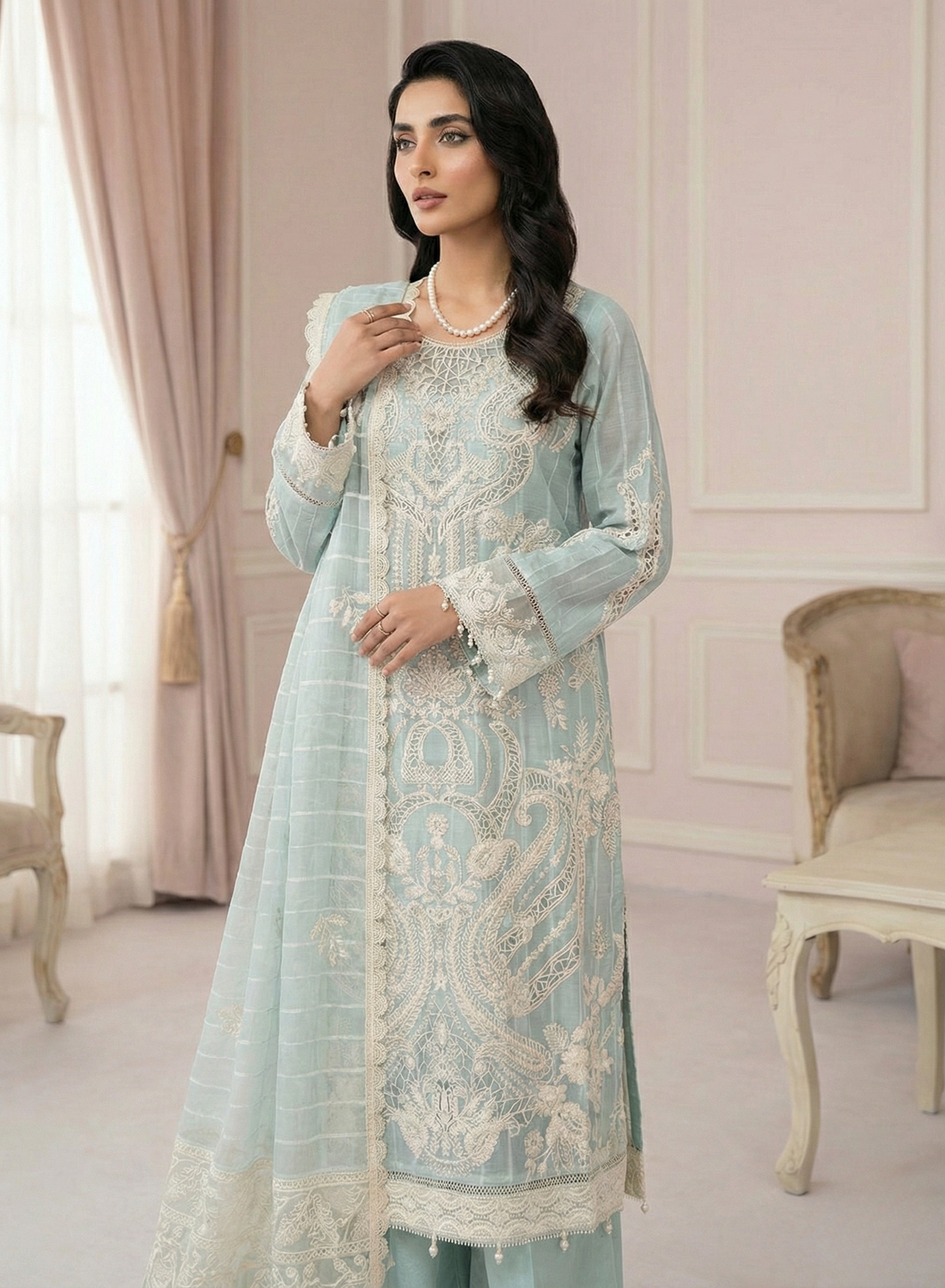 Ice Blue Heavy Embroidered 3 Piece Suit with Dupatta