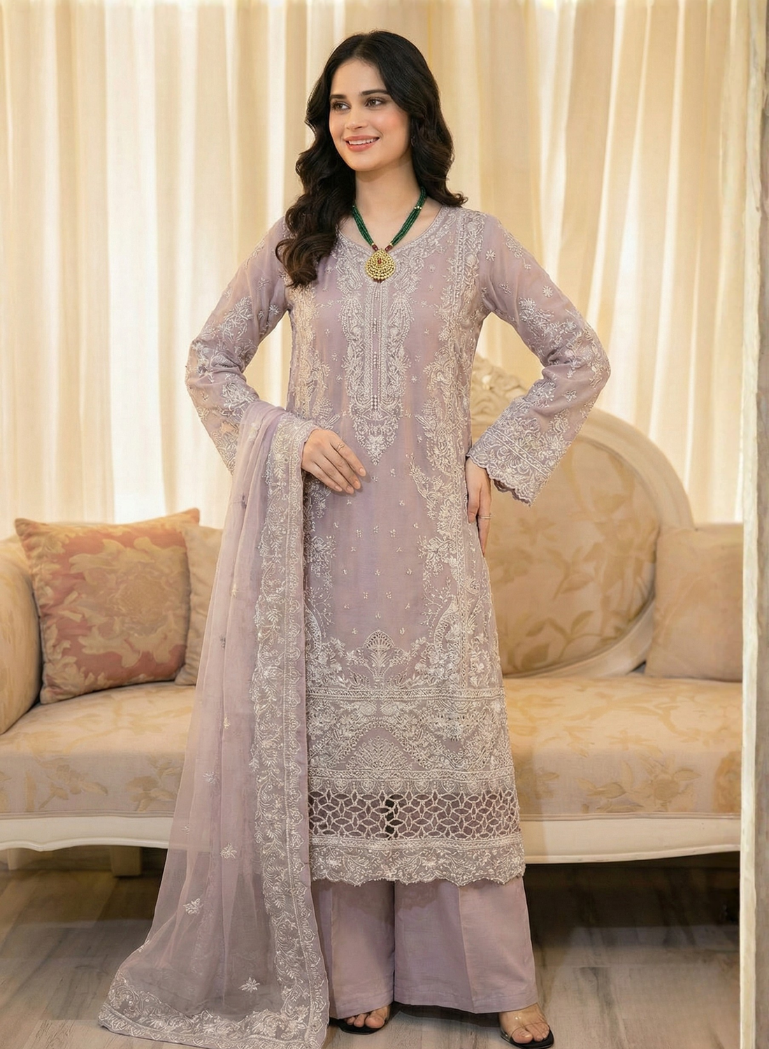 Lilac Heavy Embroidered 3-Piece Suit Set