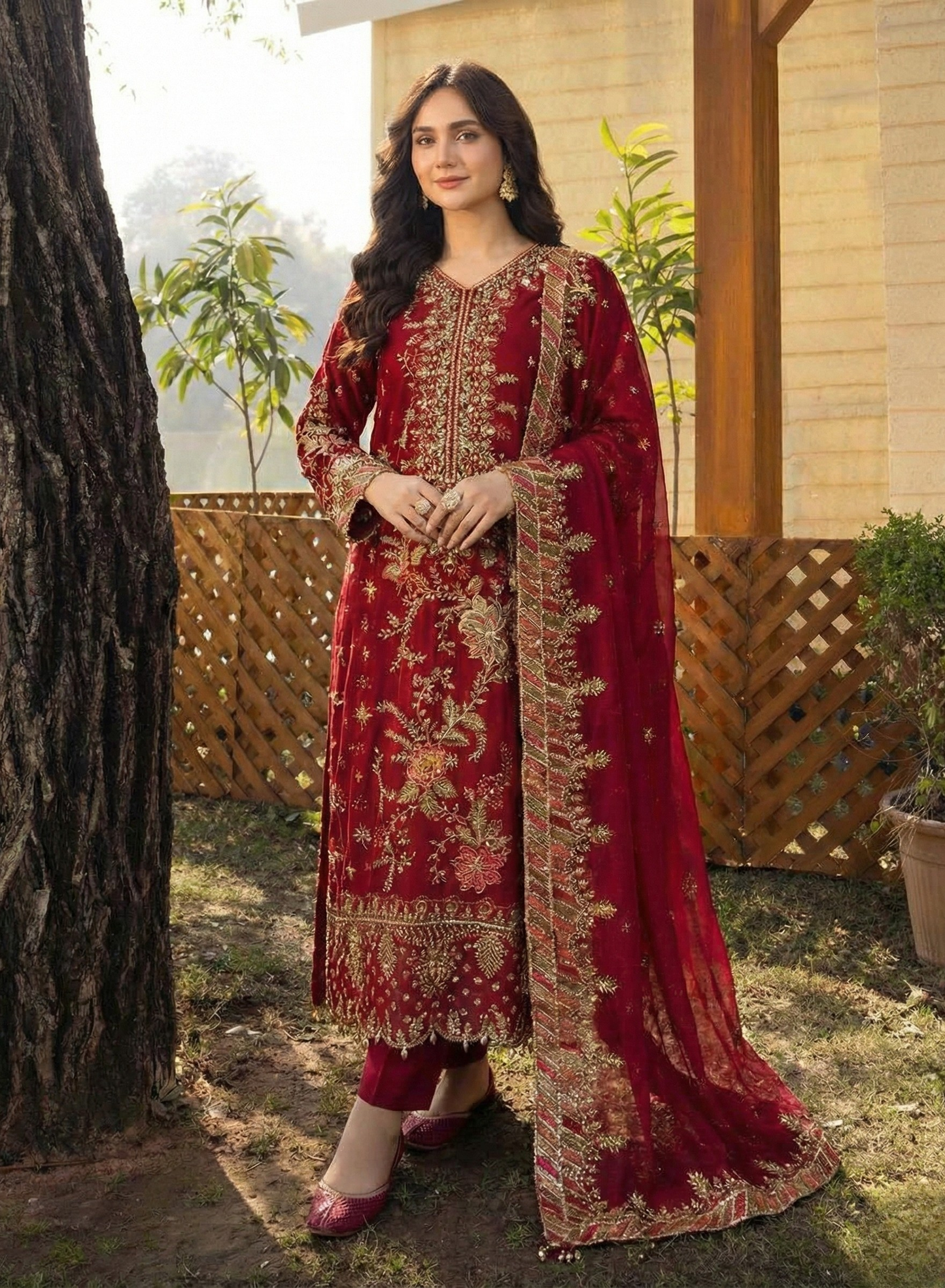 Crimson Royale Heavy Embroidered 3-Piece Suit Set