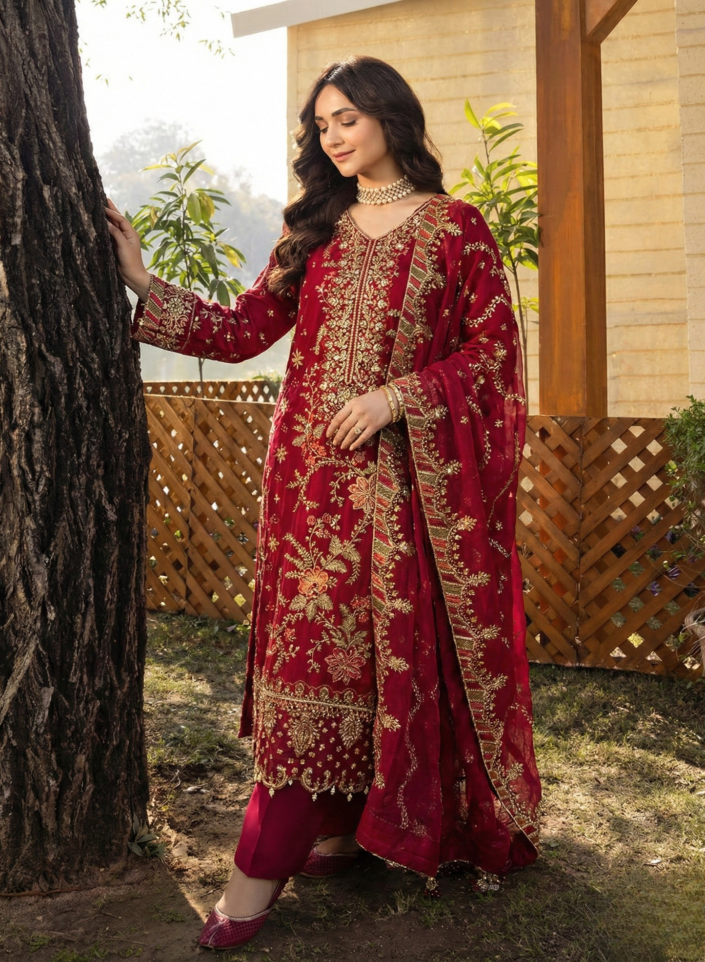 Crimson Royale Heavy Embroidered 3-Piece Suit Set