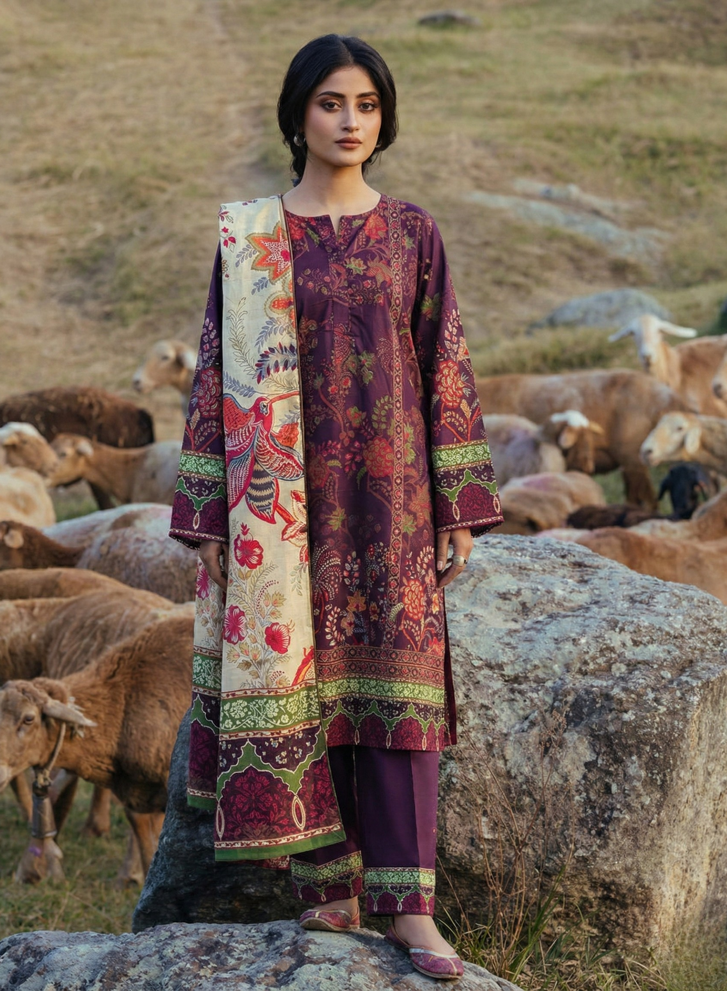 Royal Plum Floral Printed 3-Piece Suit Set