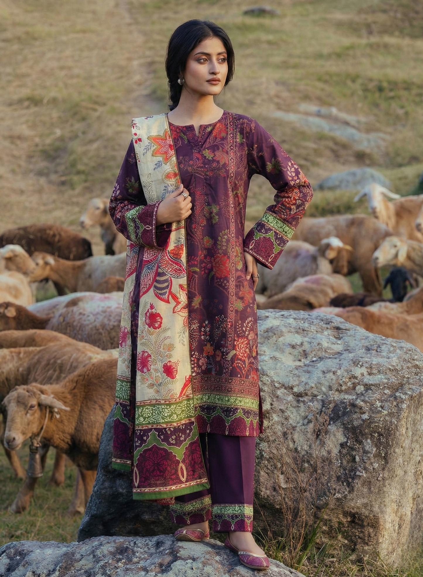 Royal Plum Floral Printed 3-Piece Suit Set