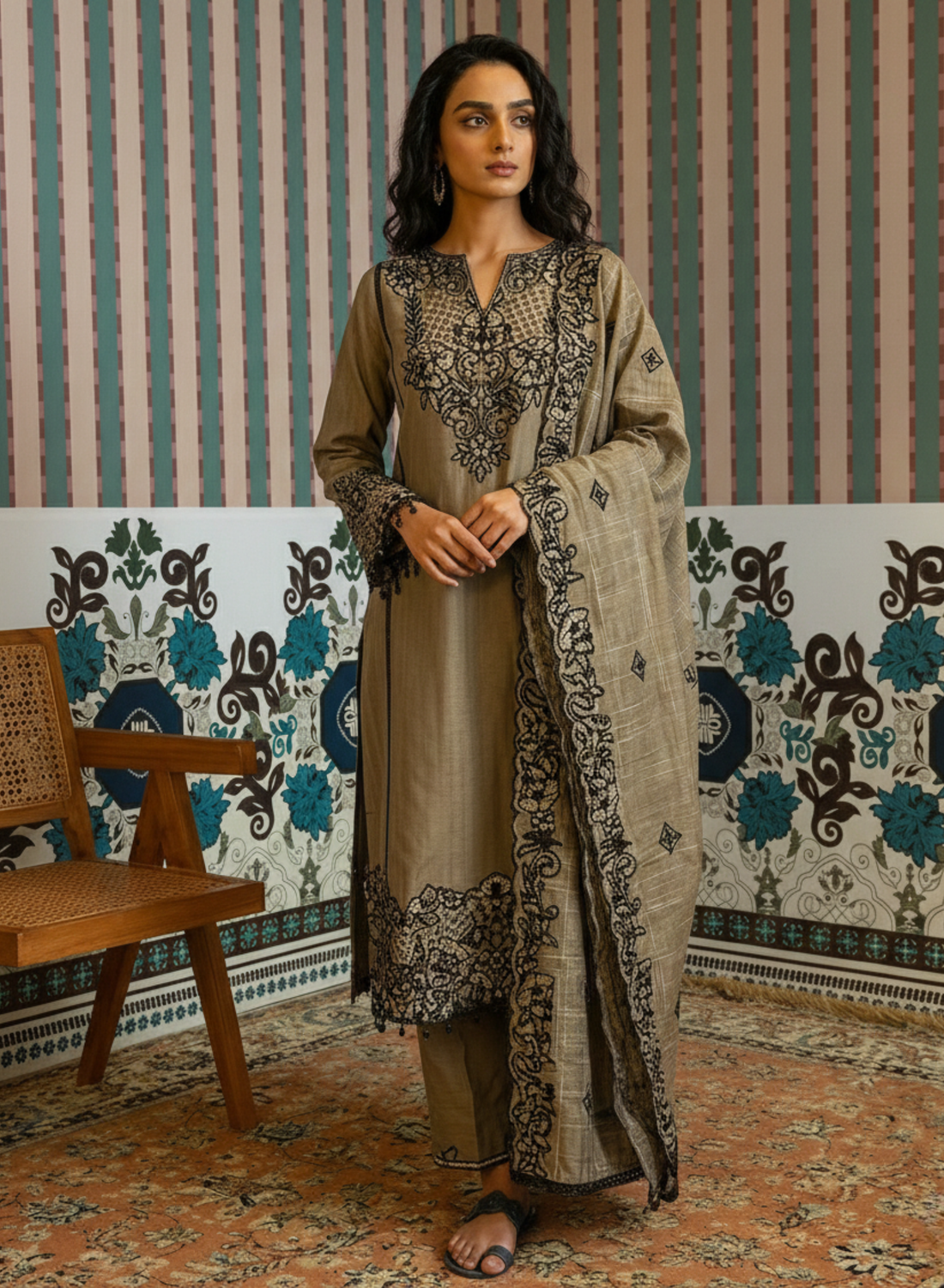 Taupe Grey Embroidered Kurta Dupatta Set