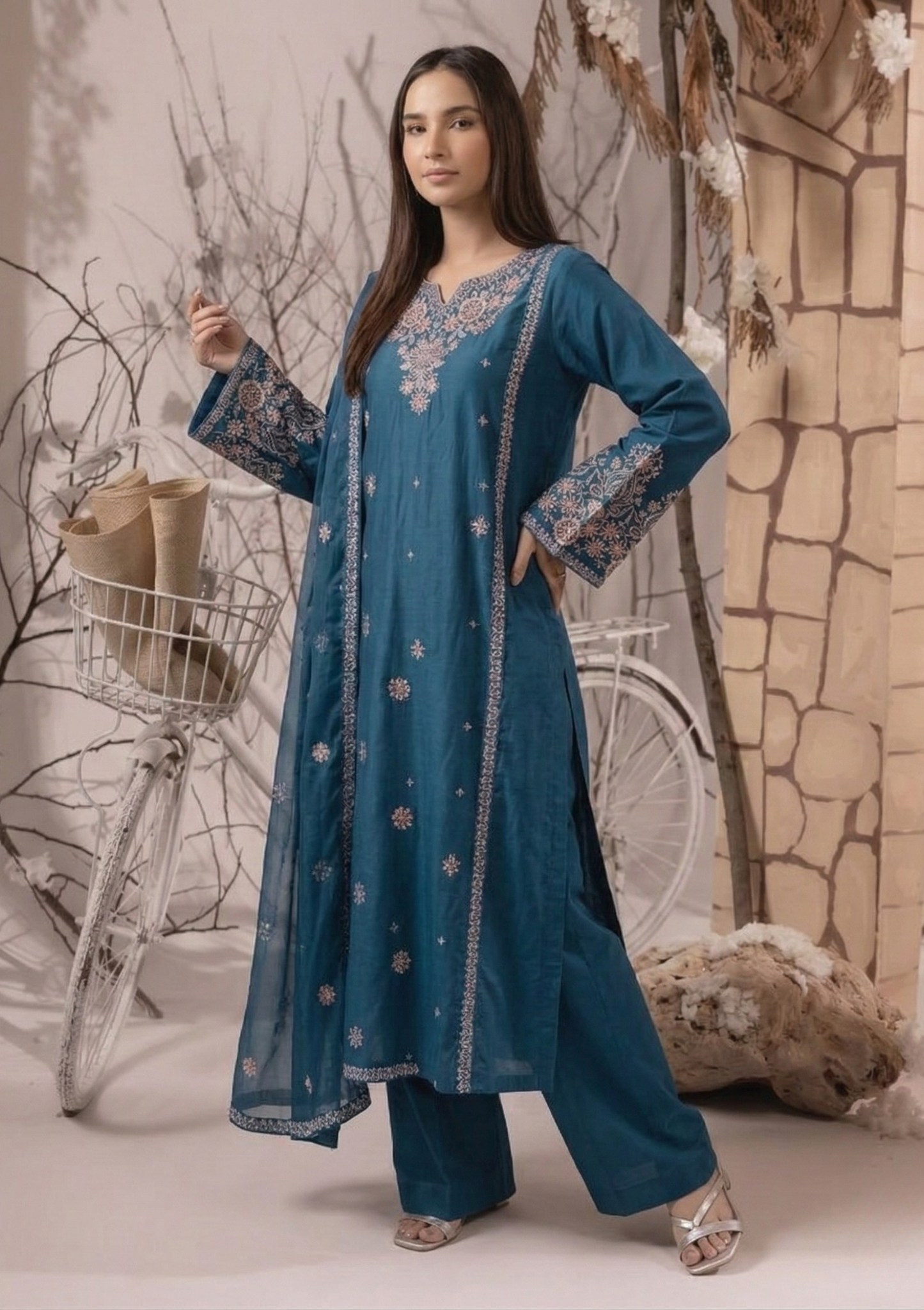 Sapphire Blue Floral Embroidered 3-Piece Suit Set