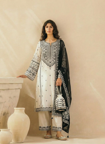 Cream Embroidered Cotton 3-Piece Suit Set