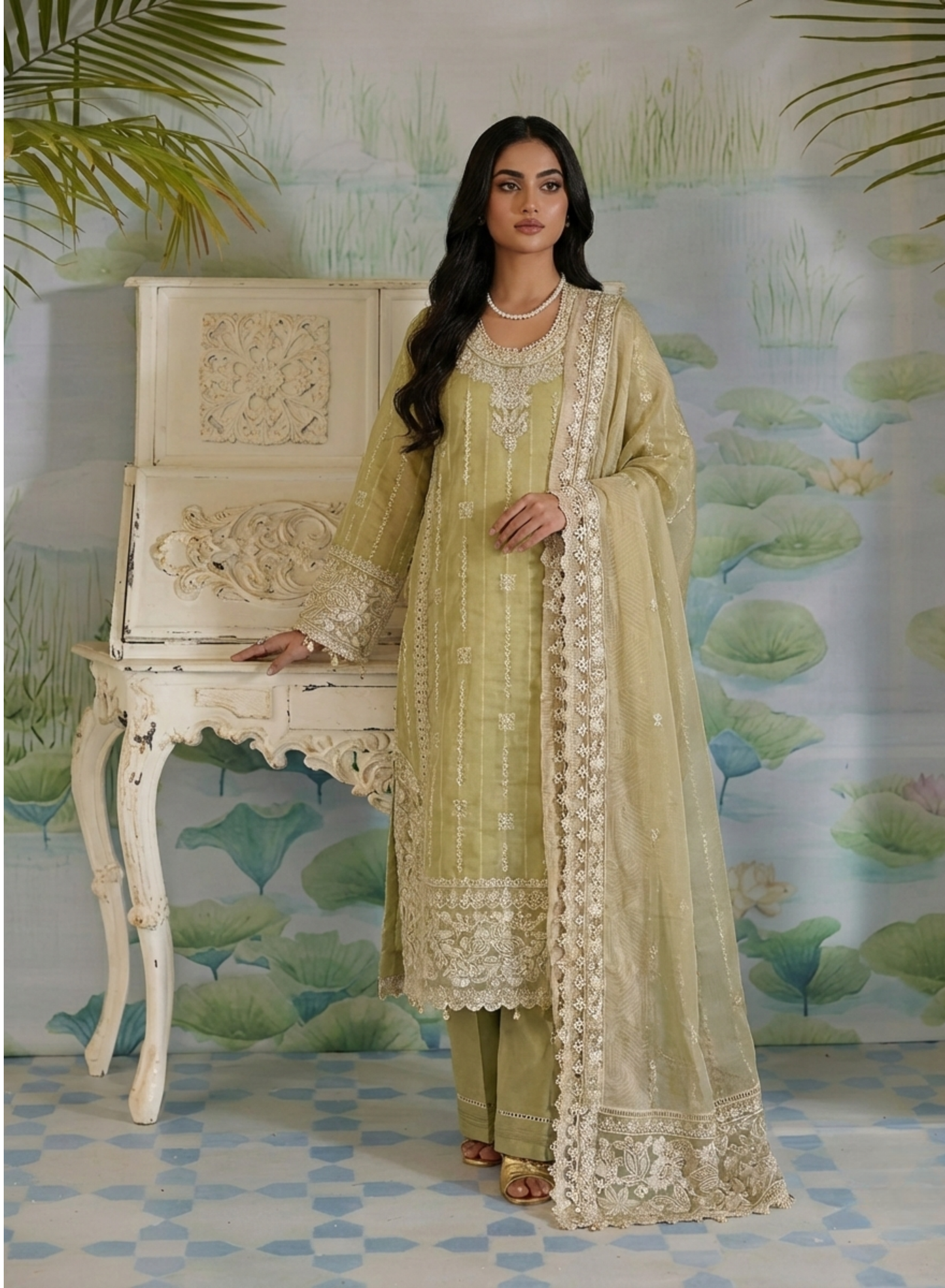 Pastel Olive Embroidered 3 Piece Suit
