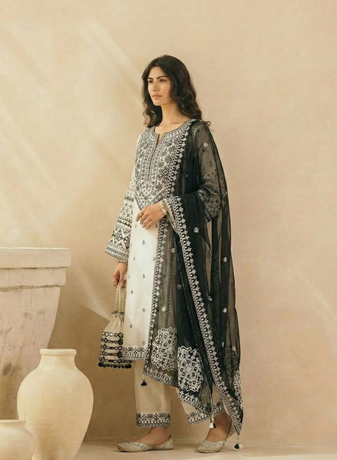 Cream Embroidered Cotton 3-Piece Suit Set