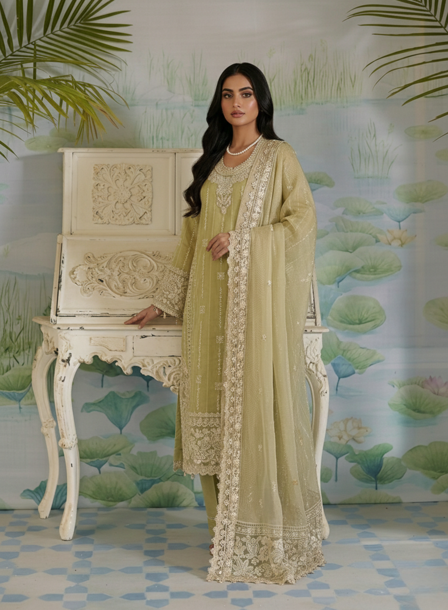 Pastel Olive Embroidered 3 Piece Suit