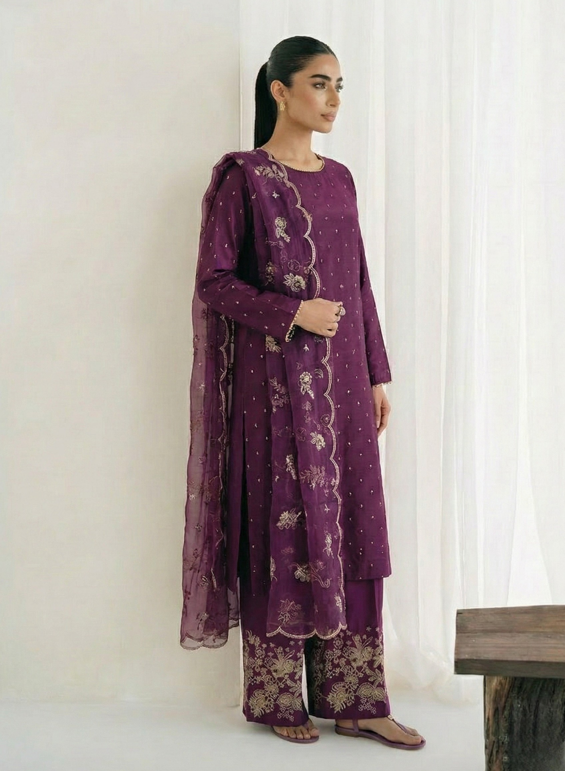 Purple Sequined Kattan Silk 3-Piece Suit Set