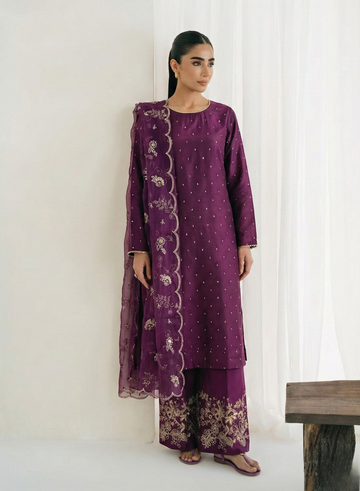Purple Sequined Kattan Silk 3-Piece Suit Set