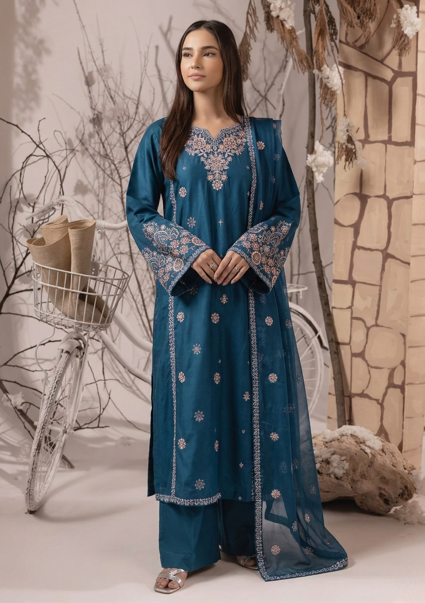 Sapphire Blue Floral Embroidered 3-Piece Suit Set