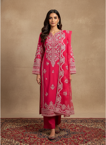Shocking Pink Embroidered Lawn 3-Piece Suit Set