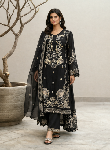 Black Contrast Embroidered 3-Piece Suit Set