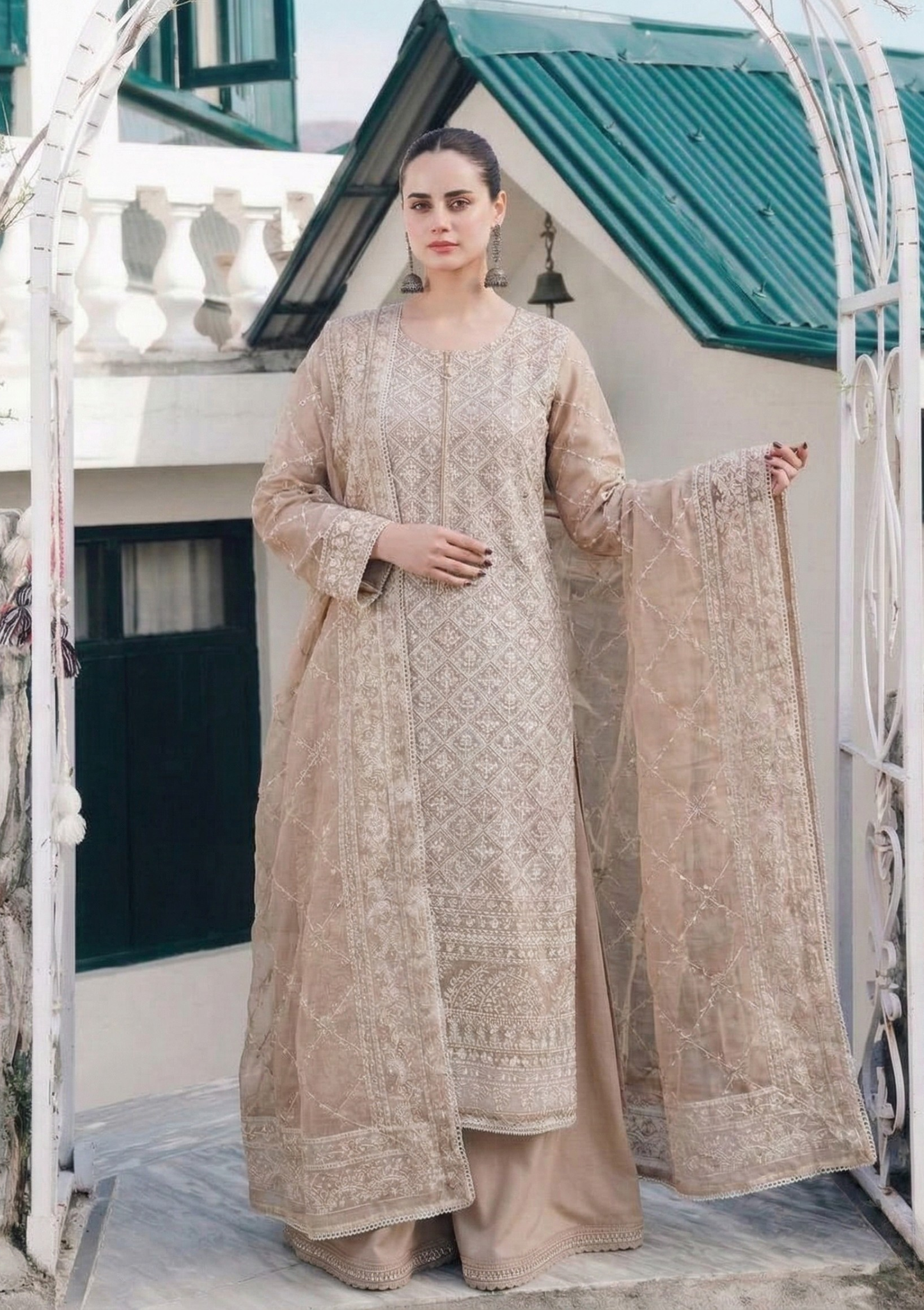 Elegant Beige Heavy Embroidered 3-Piece Suit Set