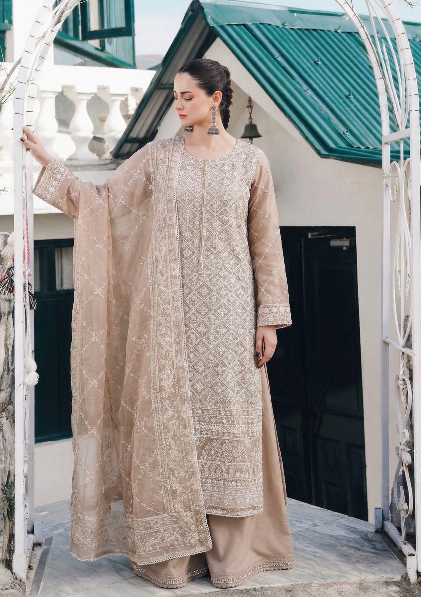 Elegant Beige Heavy Embroidered 3-Piece Suit Set
