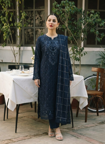 Navy Blue Chiffon 3-Piece Festive Suit Set