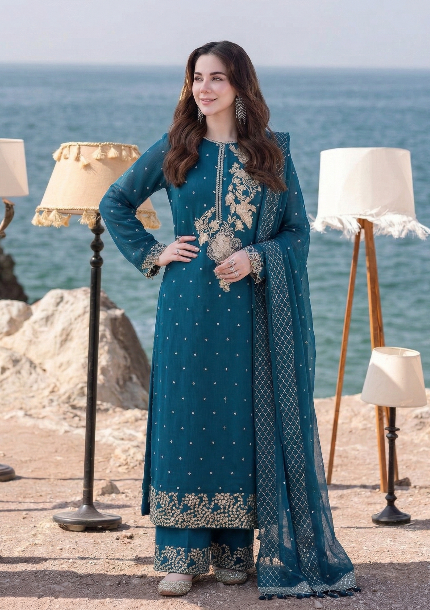 Teal Blue Heavy Embroidered 3-Piece Suit Set