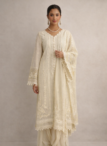 Cream Embroidered Sharara 3-Piece Suit Set