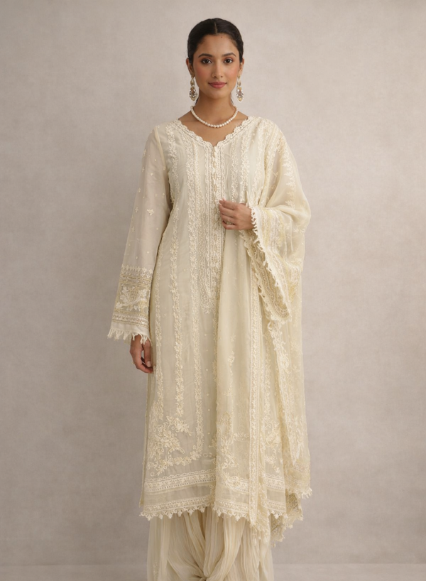 Cream Embroidered Sharara 3-Piece Suit Set