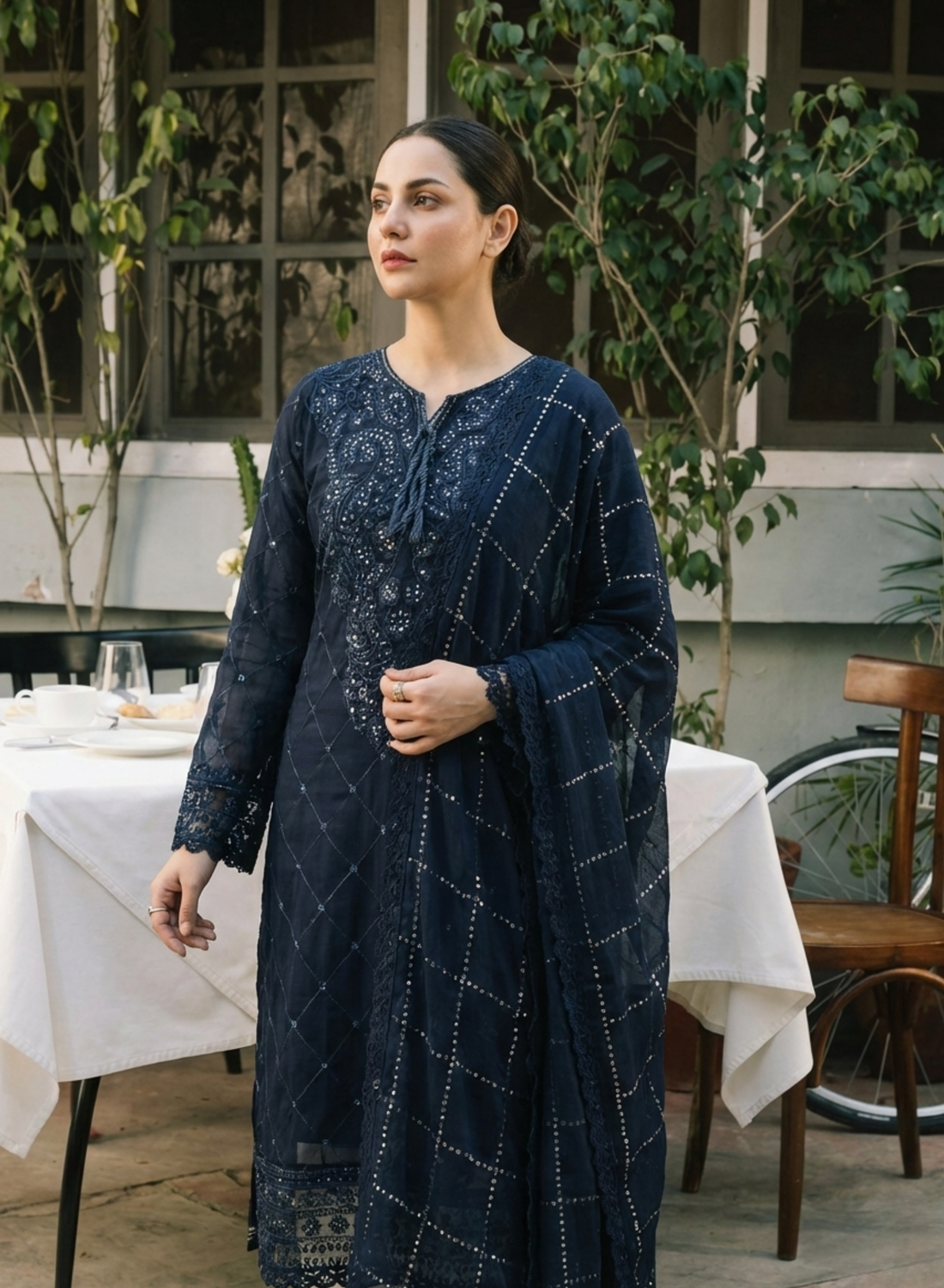 Navy Blue Chiffon 3-Piece Festive Suit Set