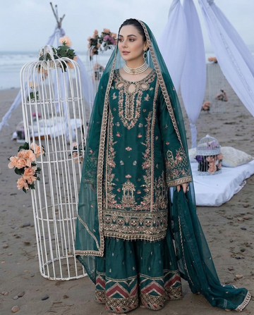 Emerald Green Heavy Embroidered Festive 3-Piece Sharara Suit Set